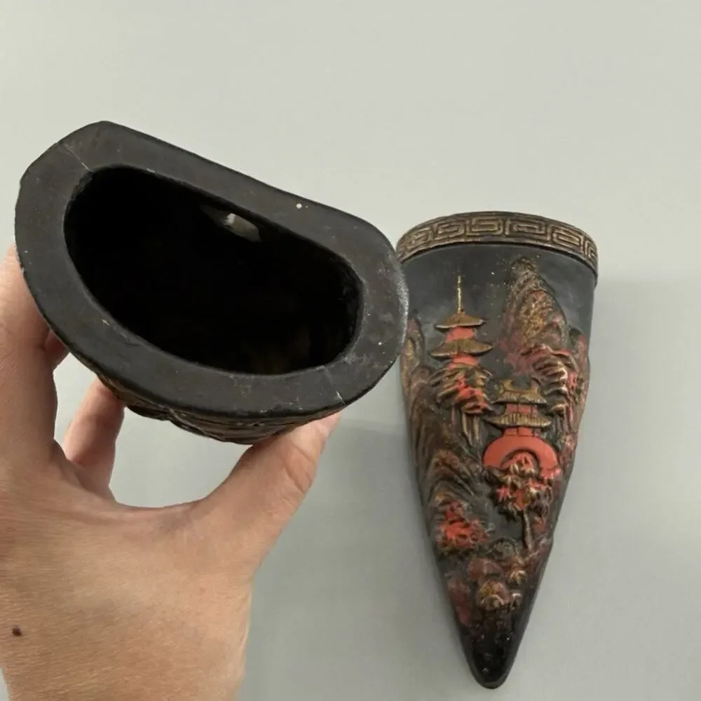 Vintage Pair Made in Japan Wall Pocket Planters Pagoda Asian Relief Decor Vase